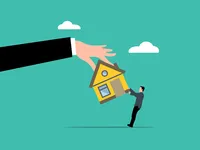 Drawing of a large hand picking up a house while a small man tries to hold on to it