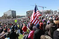 Hands Off protest, April 5, 2025, with Disgraced Flag of the United States on display