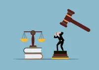 Illustration of the scales of justice and a man being smashed by a gavel