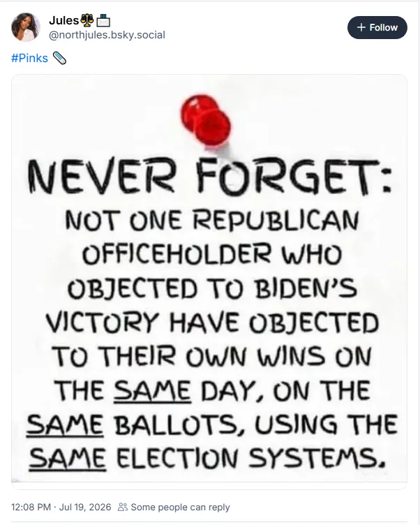 Never forget: Not one Republican officeholder who objected to Biden's victory have objected to their own wins on the SAME day, on teh SAME ballots, using the SAME election systems