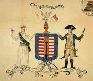An early draft of the Great Seal of the United States, featuring a phoenix rising from flames.