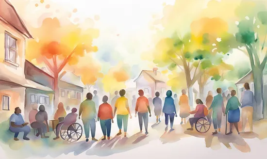AI generated watercolor of people in a neighborhood walking and talking to one another