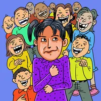 Cartoon of a young woman with a sad expression. Behind her are many people pointing their fingers at her and laughing