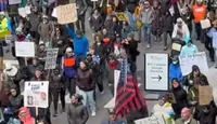 Hands Off protest, April 5, 2025, with Disgraced Flag of the United States on display