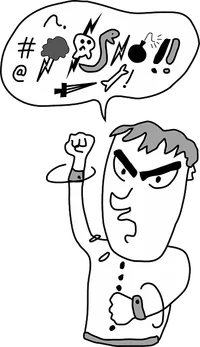 Cartoon of a person swearing with their fist raised in their air