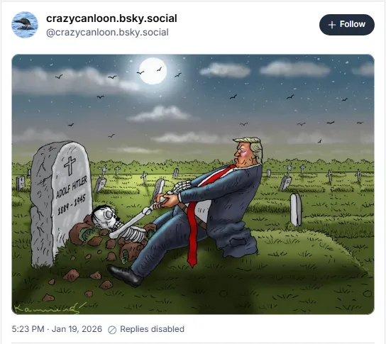 Cartoon of Trump pulling the skeleton of Adolf Hitler out of his grave