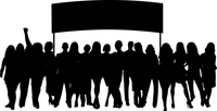 Silhouette of people gathered together holding a  large banner over their heads