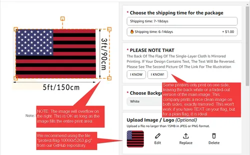 Image showing settings for creating a custom flag from the listed Amazon seller. The image points out that the uploaded picture may extend beyond the print area on one side, which is acceptable. The recommended file, 'protest-flag-10000x5263.jpg' is also indicated in the image.