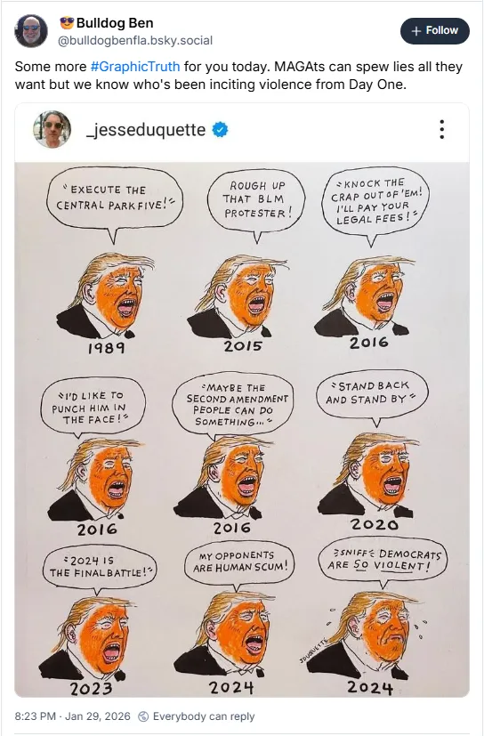 Trump: 1989 'Execute the Central Park Five', 2015 'Rough up that BLM prodester!' 2016 'Knock the crap out of em! I'll pay your legal fees!' 2016 'I'd like to punch him in the face!' 2016 'Maybe the second amendment people can do something...' 2020 'Stand back and stand by' 2023 '2024 is the final battle!' 2024 'My opponents are human scum!' 2024 '(sniff) Democrats are so violent!'