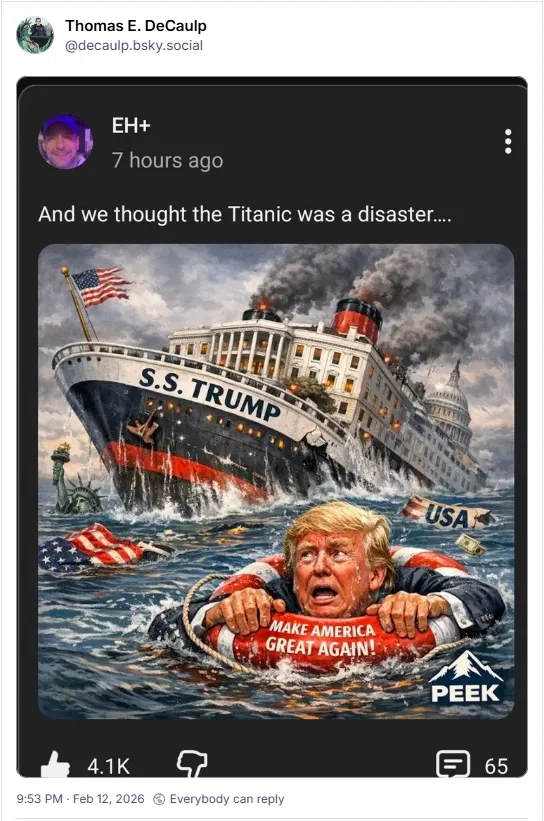 Picture of a ship called 'S.S. Trump' sinking captioned 'And we thought the Titanic was a disaster'