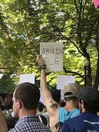 Protester holding a sign reading 'Abolish ICE'