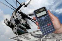 Image of military helicopter next to paper money and a calculator