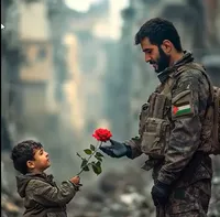Image of a Palestinian solder in combat gear accepting a rose being handed to him by a young boy amidst a pile of rubble on a Gazan street.