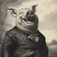 Victorian-style image of a pig in fancy clothing