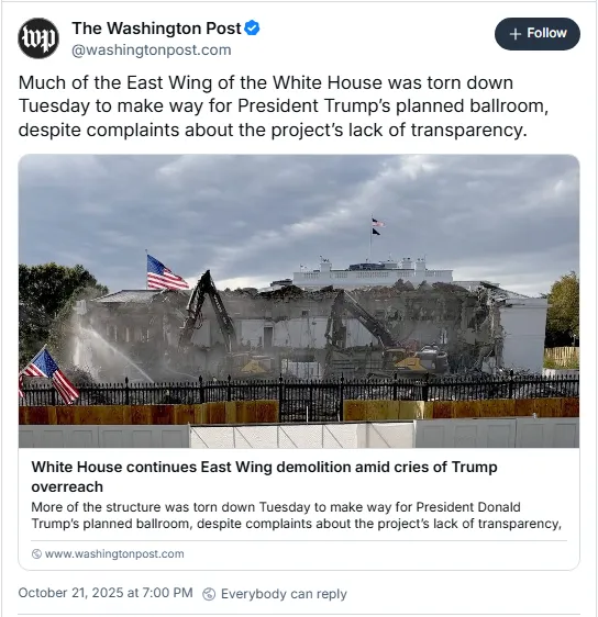 White House east wing demolished this week after Trump promised not to touch it