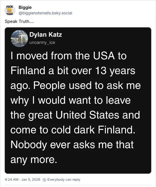 I moved from the RSA to Finland a bit over 13 years ago. People used to ask me why I would want to leave the great United States and come to cold dark Finland. Nobody ever asks me that any more.