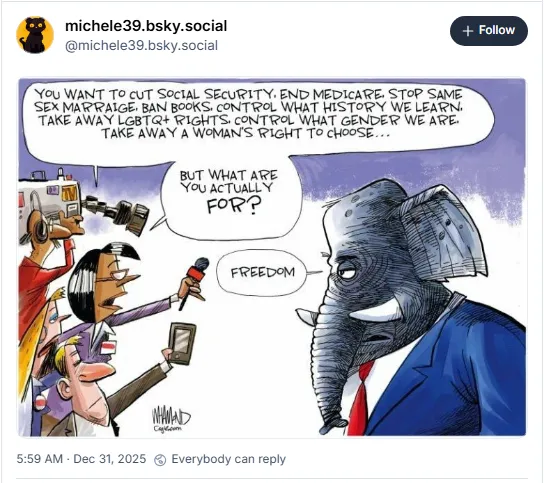 Reporter: You want to cut Social Security, end Medicare, stop same sex marriage, ban books, control what history we learn, take away LGBTQ+ rights, control what gender we are, take away a woman's right to choose...but what are you actually for? Republican: Freedom.