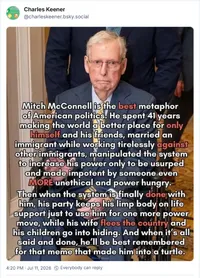 Mitch McConnell is the best metaphor of American politics. He spent 41 years making the world a better place for only himself and his friends, married an immigrant while working tirelessly against other immigrants, manipulated the system to increase his power only to be usurped and made impotent by someone even MORE unethical and power hungry. Then when the system is finally done with him, his party keeps his limp body on life support just to use him for one more power move, while his wife flees the country and his children go into hiding. And when it's all said and done, he'll be best remembered for that meme that made him into a turtle.