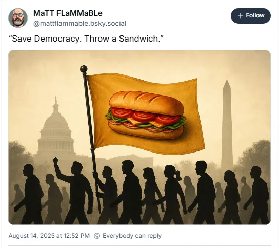 Drawing of a group of silhoueted people marching under a flag depicting a Subway sandwich