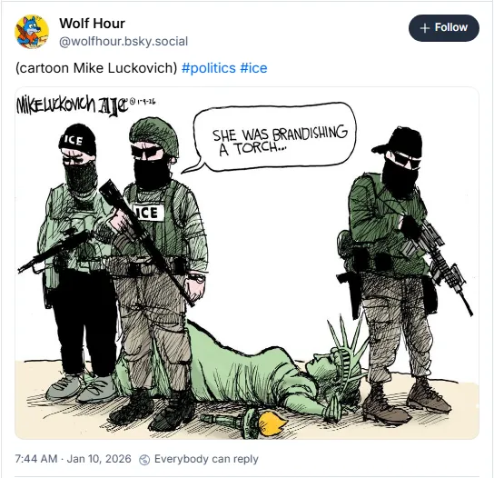 Armed ICE-stapo agents standing over the corpse of the Statue of Liberty: 'She was brandishing a torch'